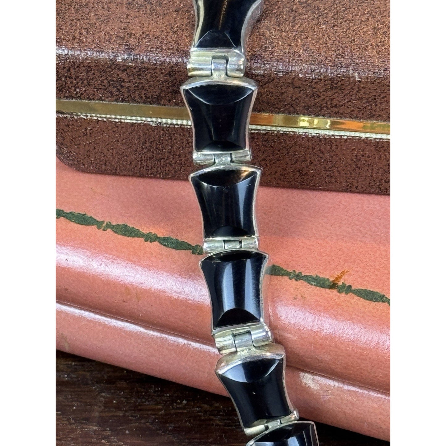 Vintage Mexico 950 Silver Bracelet Black Onyx Articulated Link 7” Modernist