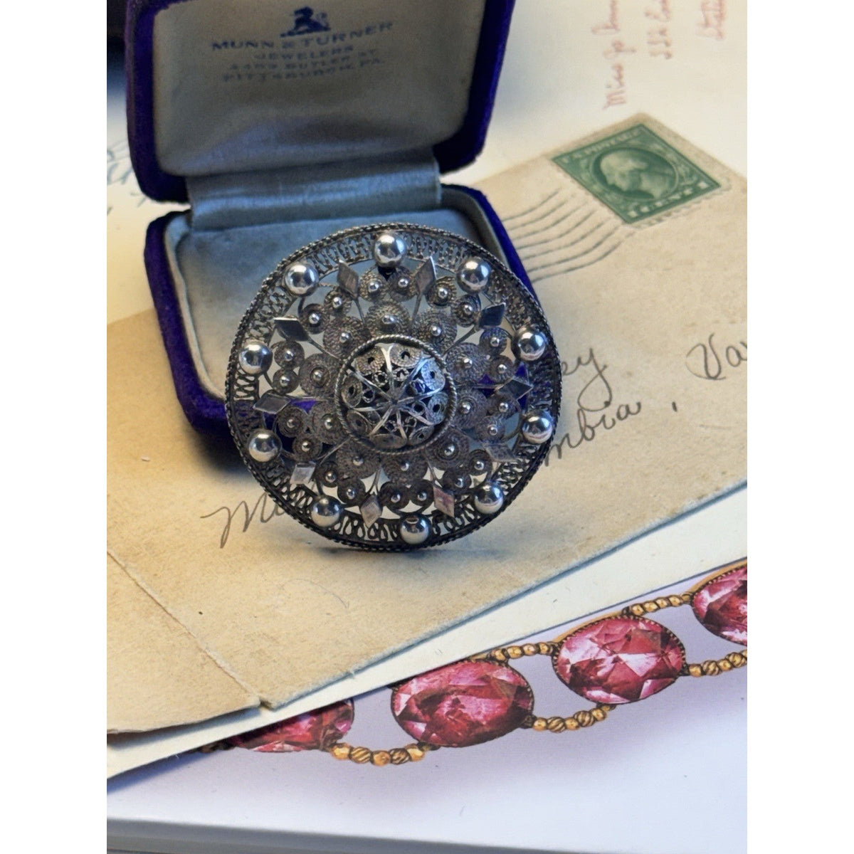 990 Silver Cannetille Filigree Brooch Antique Style Round Statement Pin 1.75"