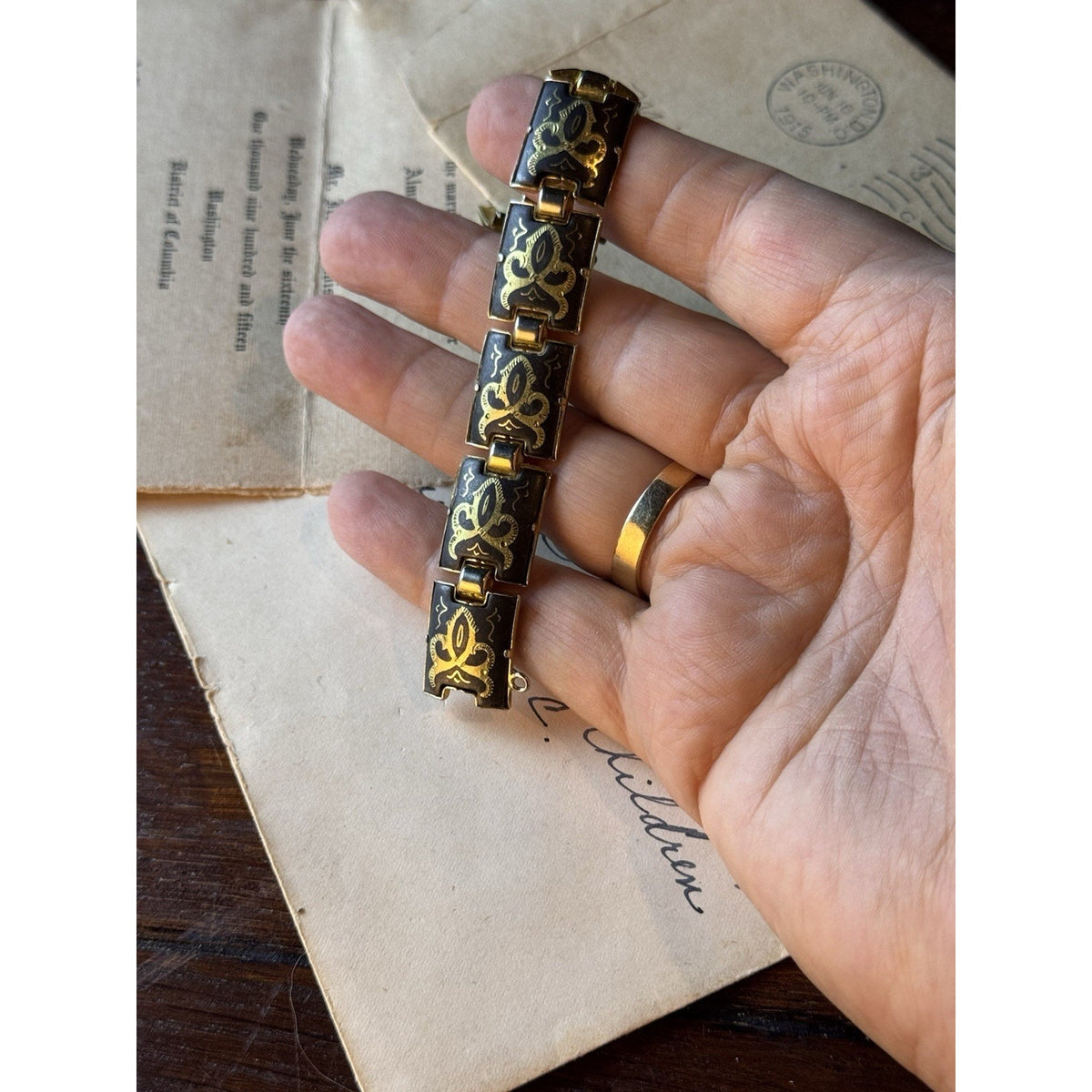Spanish Damascene Bracelet Black Goldtone Floral Panel Links 6.5”