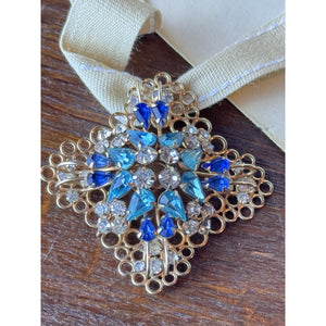 Deri Brooch Pendant Blue Rhinestone Gold Filled SIGNED 2” Vintage