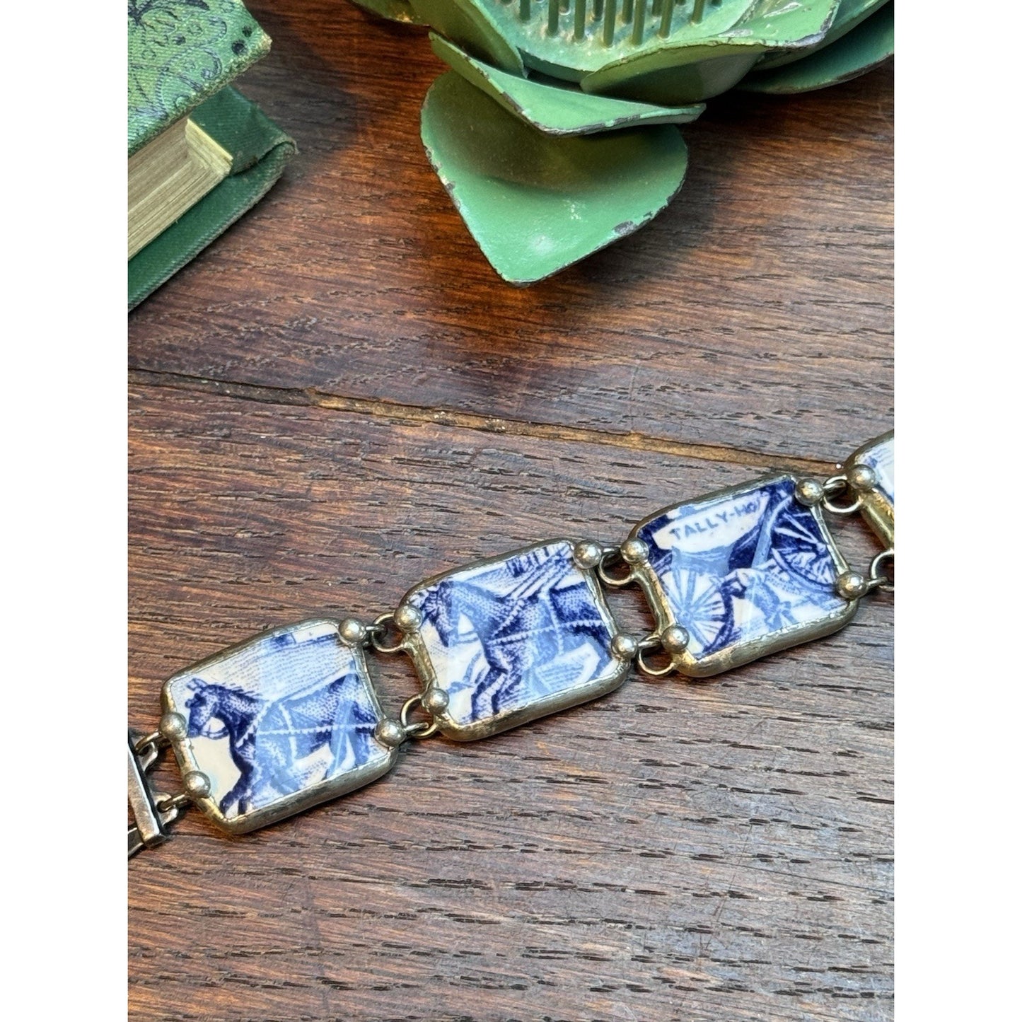 Handmade Porcelain Bracelet Blue White Tally Ho Horse Scene 6.5” Vintage 1990s