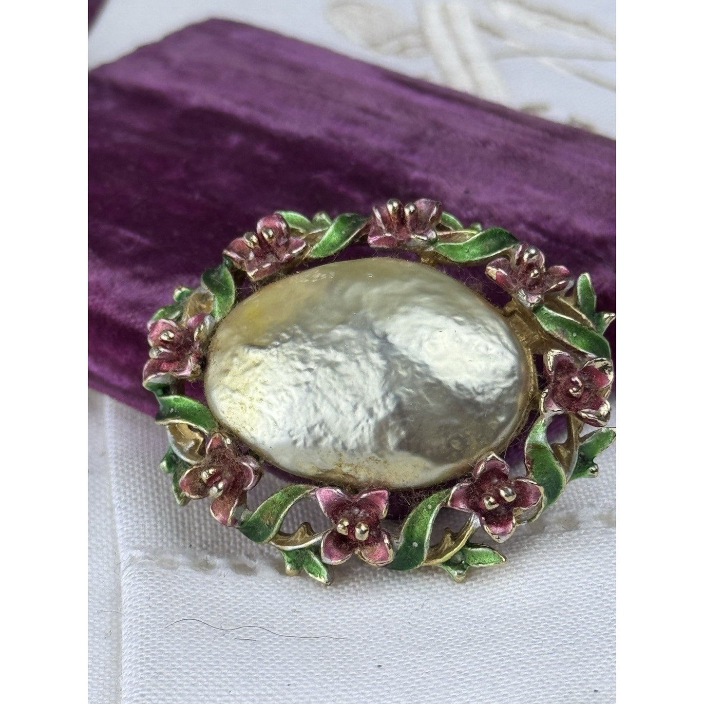 Vintage Goldtone Faux Baroque Pearl Brooch Enamel Floral Signed ART 1.75”