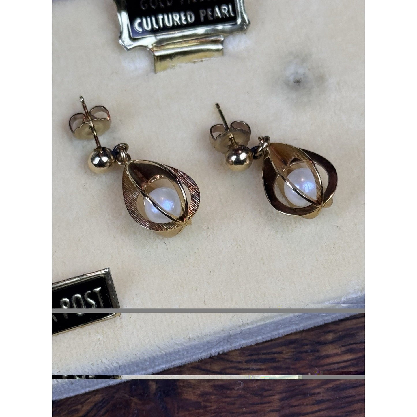 Vintage Gold Filled Cultured Pearl Drop Earrings 14K Posts Orig Case 1.25”