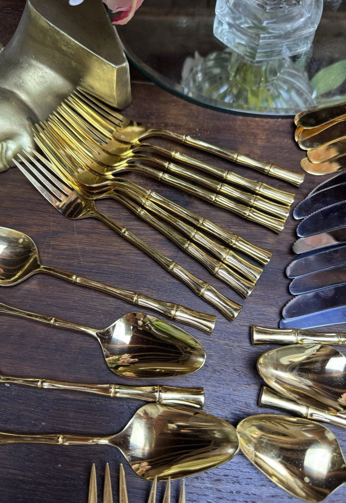 Vintage Bamboo Flatware Set Signed VS Gold Plated– 58 Pieces