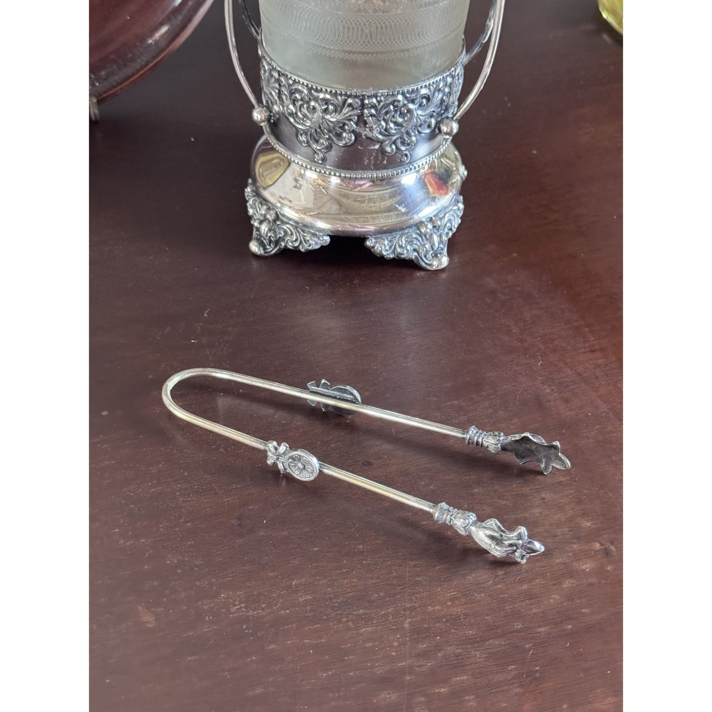 Antique Pickle Castor Forbes Silver Co Quadruple Plate Glass Jar & Tongs