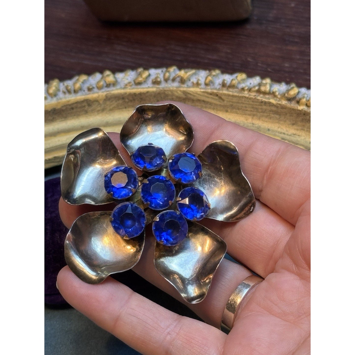 Vintage Sterling Vermeil Flower Brooch With Cobalt Blue Rhinestones