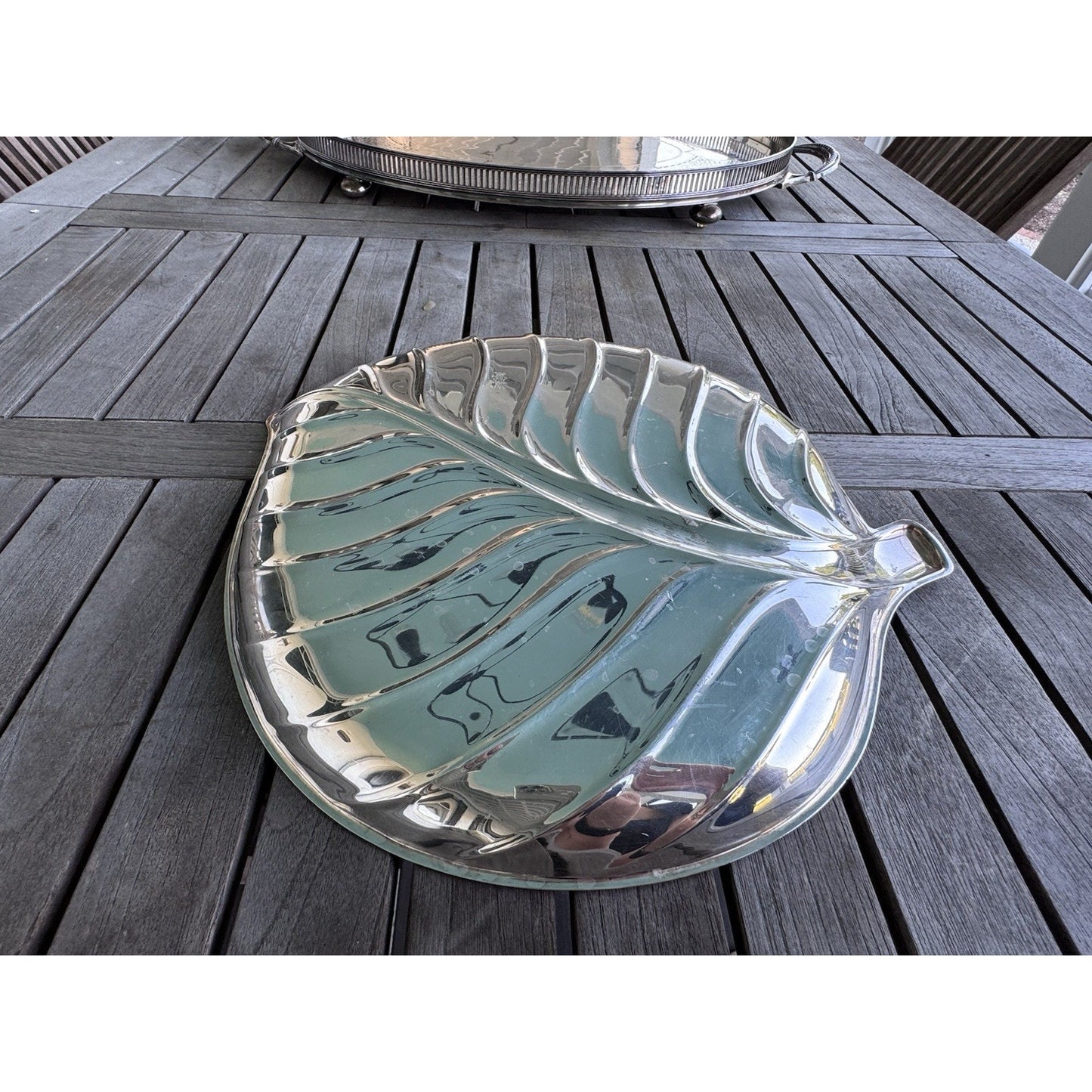 Vintage IS Silver Co Palm Leaf Serving Tray Silverplate Hollywood Regency 15”