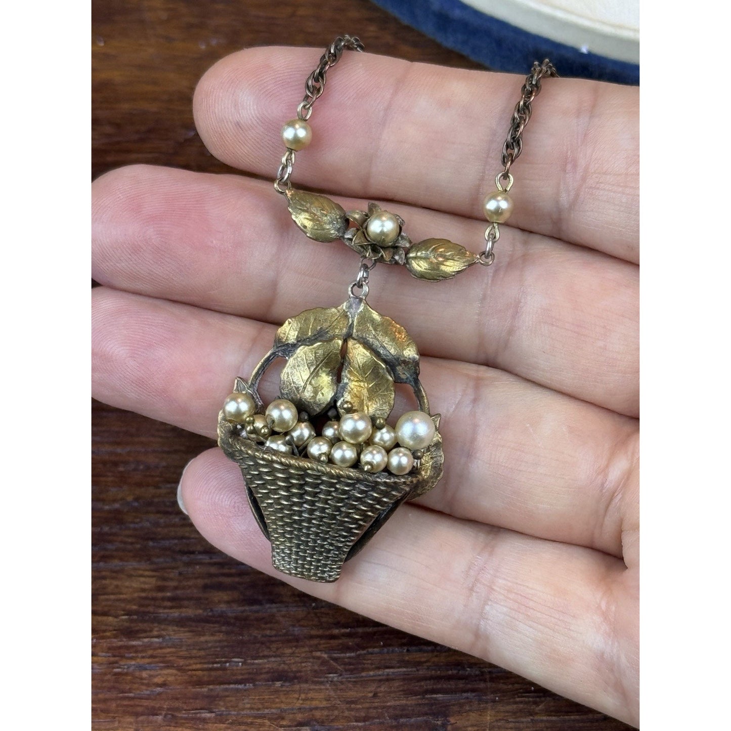 Vintage Floral Basket Necklace Brass Tone Faux Pearl Pendant 16.5” Romantic