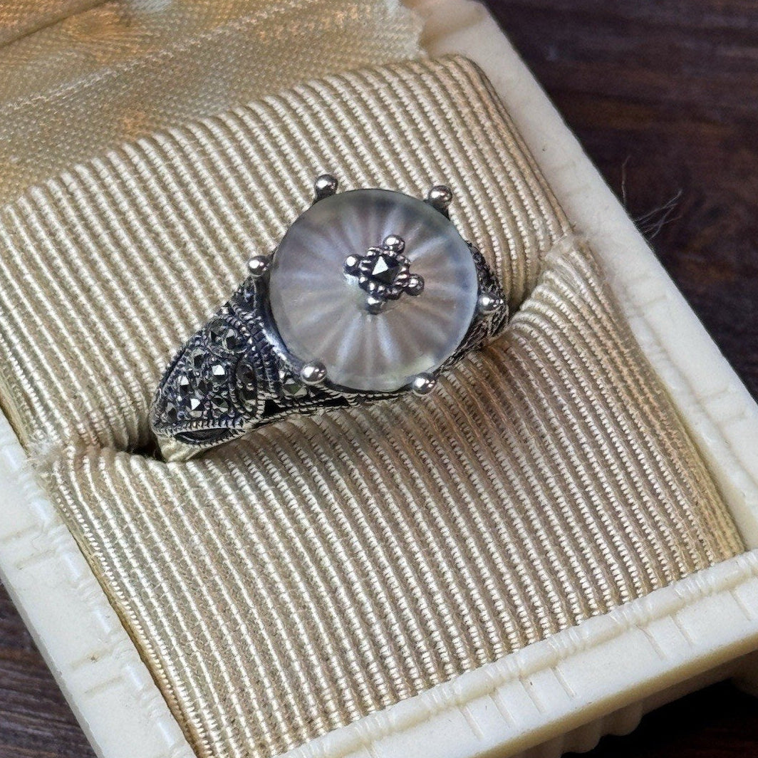 Sterling Silver Camphor Glass Marcasite Ring Size 6.75 Art Deco Style