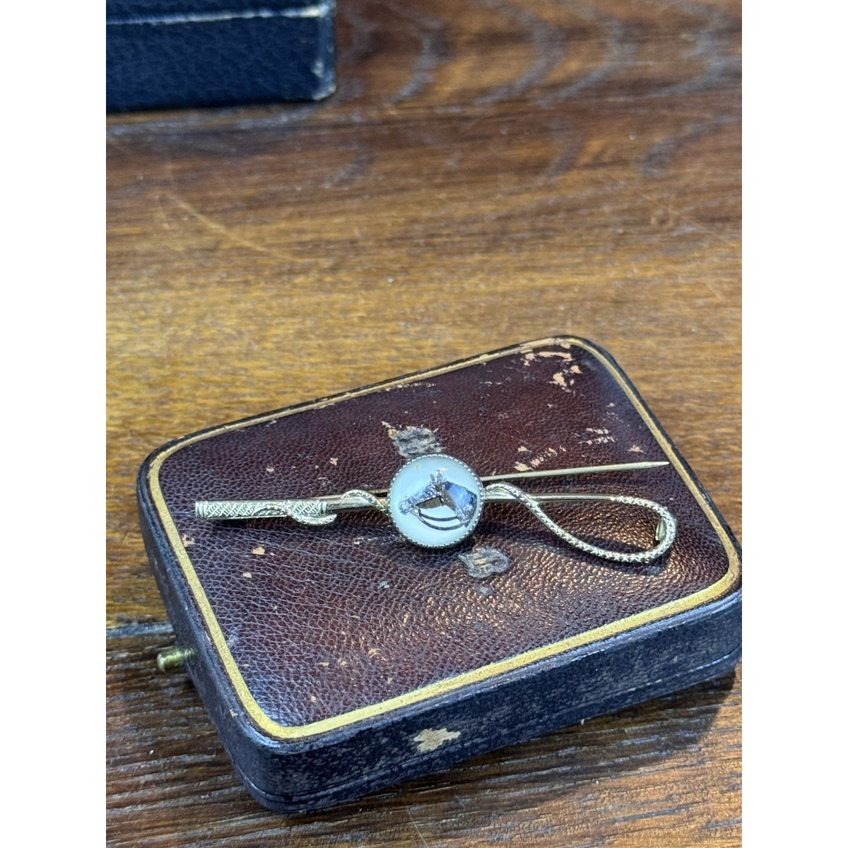 Vintage Horse Brooch Riding Crop Reverse Painted Equestrian Portrait 2.5” x 3/8”