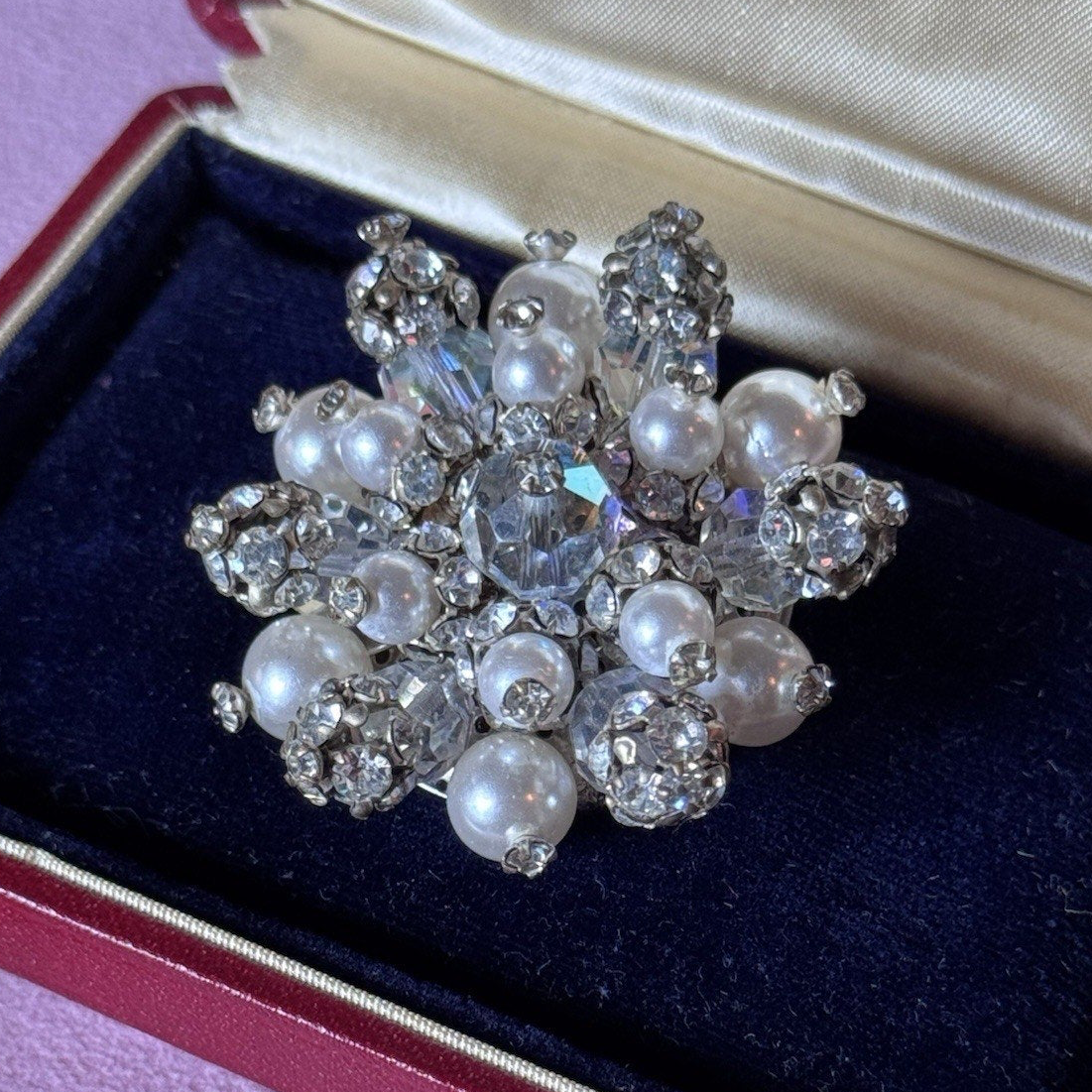 Vintage Brooch Faux Pearl Rhinestone Cluster Silvertone Crystal Bead Pin