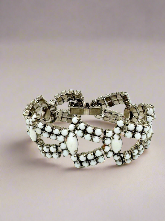 Vintage Milk Glass Rhinestone Bracelet 1950s Style