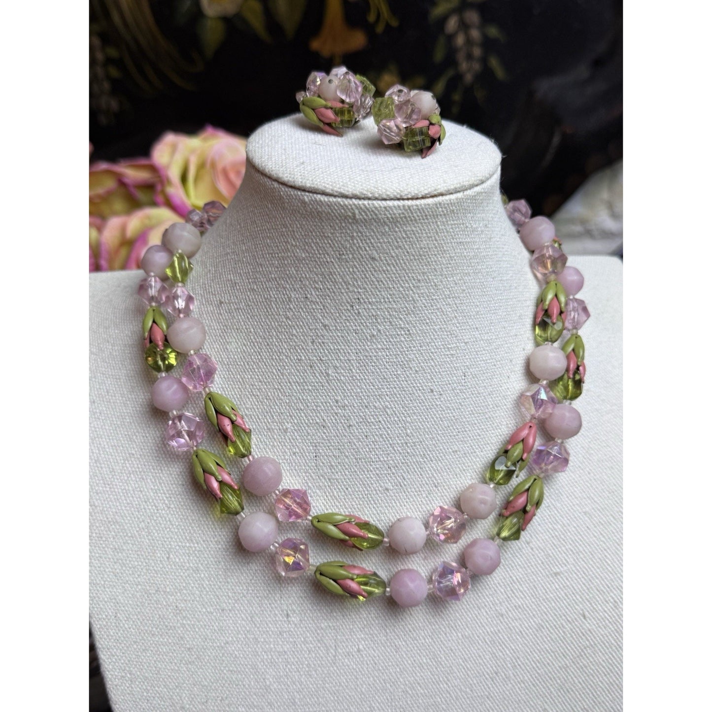 Vintage Pink Green Glass Bead Necklace Clip Earrings Set