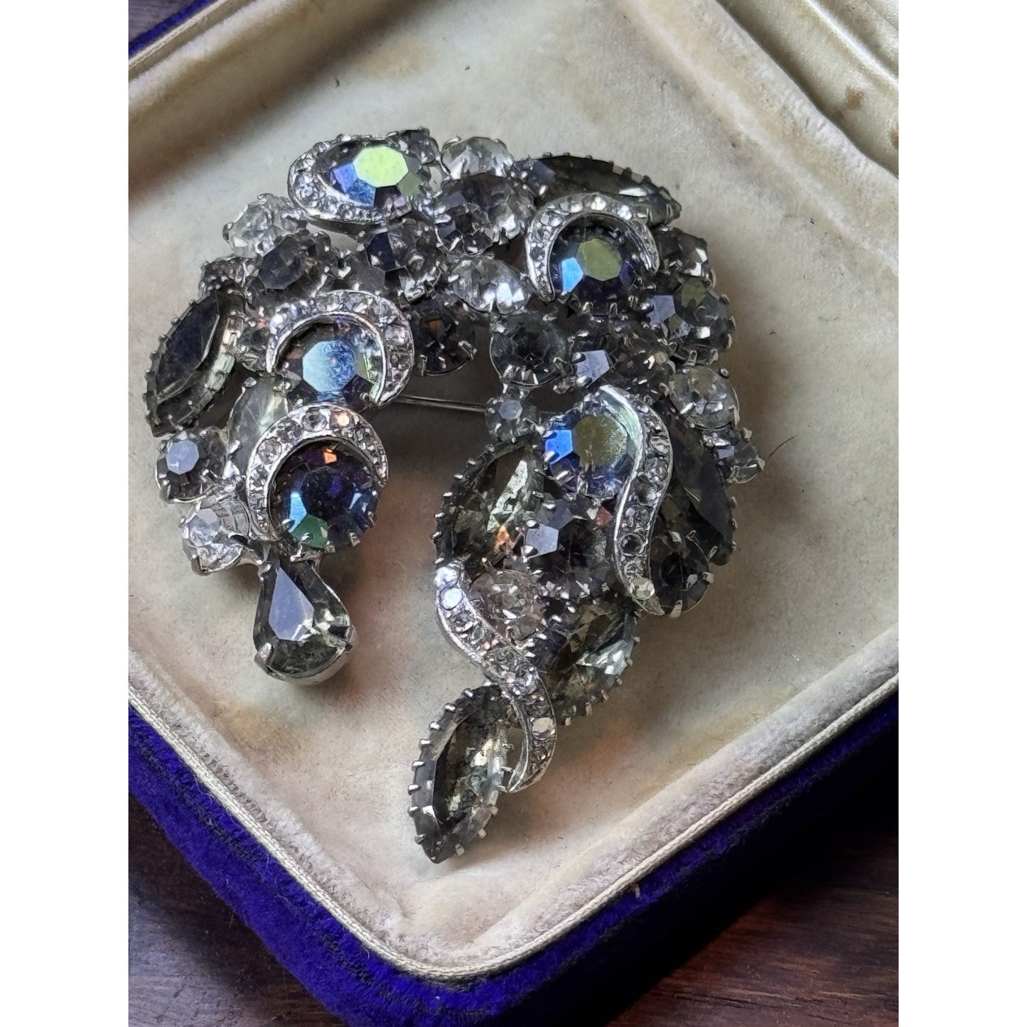 Vintage Rhinestone Brooch 2.5” Smoky Gray Aurora Borealis Crescent Statement
