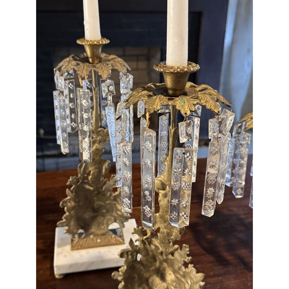 Girandole Candelabra Set Goldtone Floral Marble Crystal Prisms 3 Piece 18” 15.5”