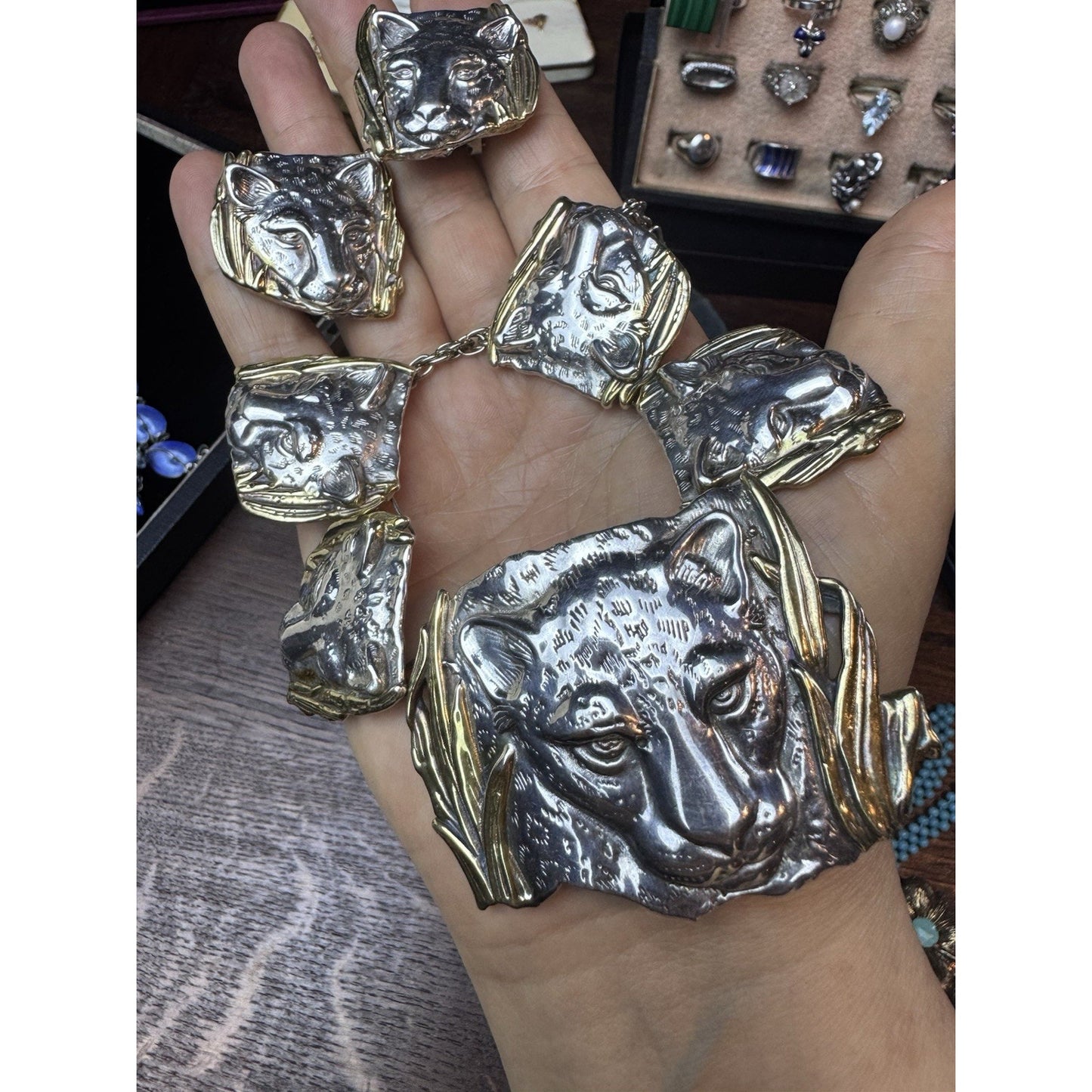 Sterling 925 Leopard Necklace Earrings Set Panther Big Cat Artisan Statement