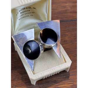 Vintage Sterling Earrings Mexico 925 TP-98 Black Onyx Modernist Clip 1.75”
