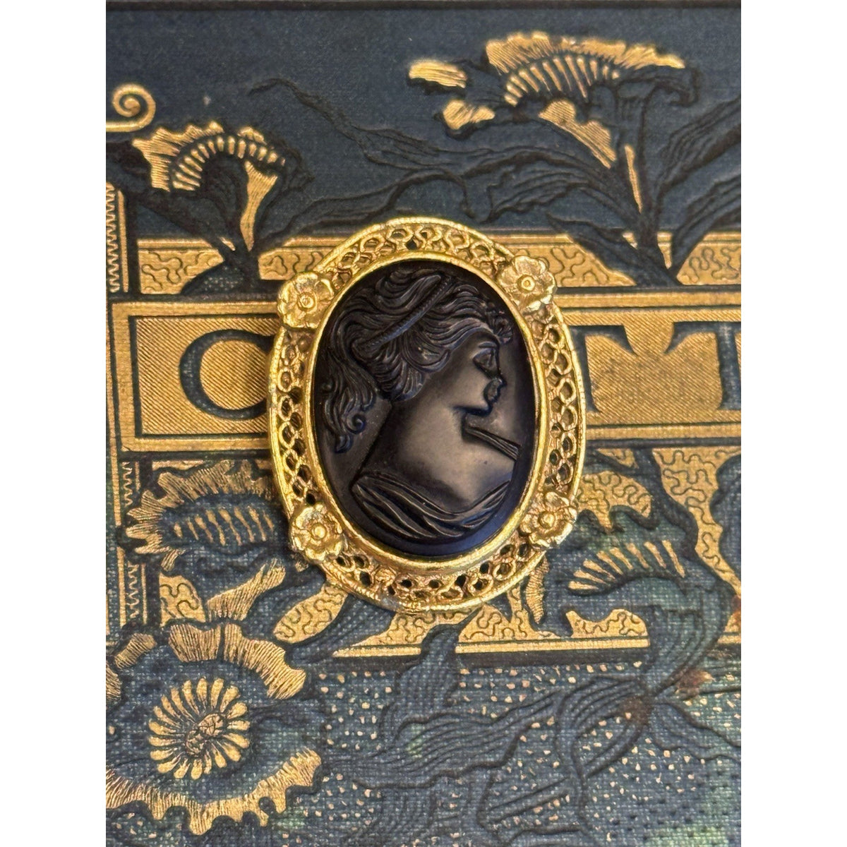 Cameo Brooch Black Portrait Goldtone Filigree Floral Frame Vintage 1.25” x 1”