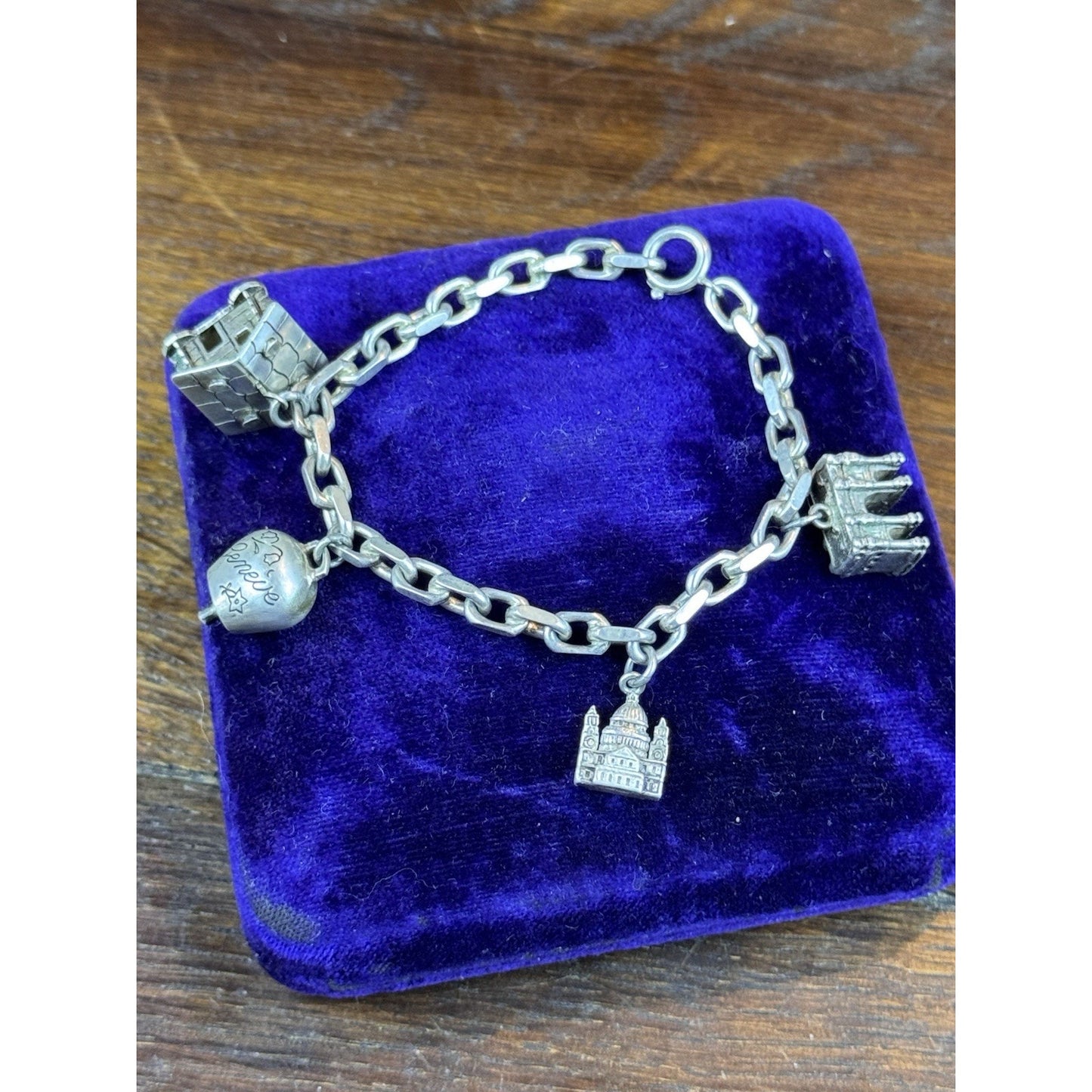 Vintage 800 Silver Charm Bracelet Geneva Swiss Travel Charms 6.25” Continental