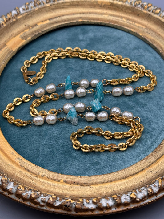 Miriam Haskell Necklace Turquoise Faux Pearl Goldtone Chain Signed 36”