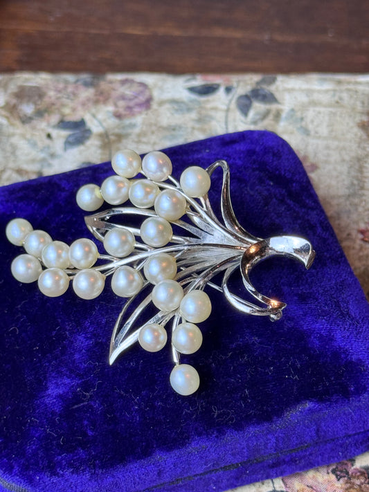 Vintage Sterling Silver Cultured Pearl Floral Spray Brooch 3” Mid Century Pin