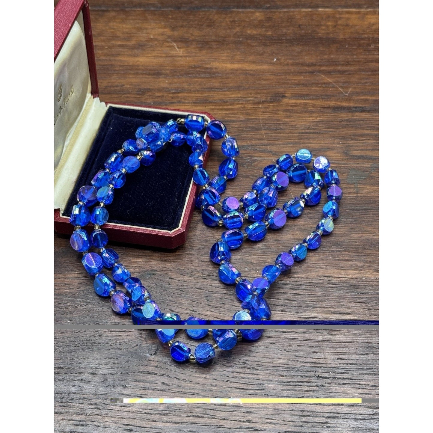 Vintage Blue Lucite AB Bead Necklace Double Strand Faceted Beads 19.5”