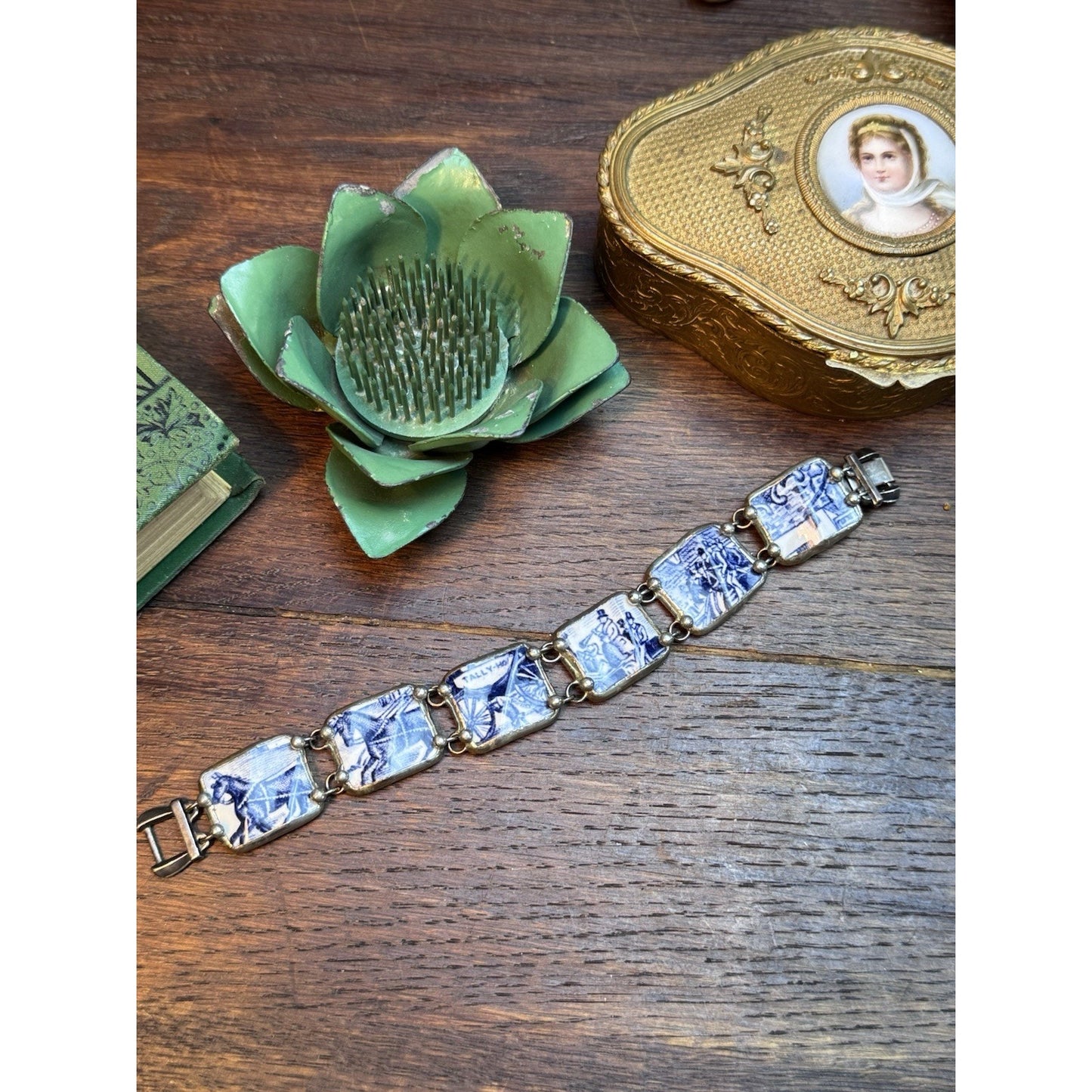 Handmade Porcelain Bracelet Blue White Tally Ho Horse Scene 6.5” Vintage 1990s