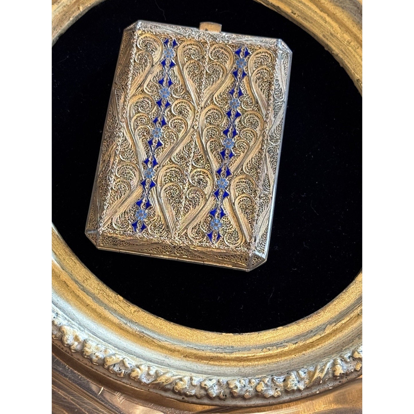 Vintage Cannetille Silver  Case Blue Enamel Gilt - Business Card Holder-