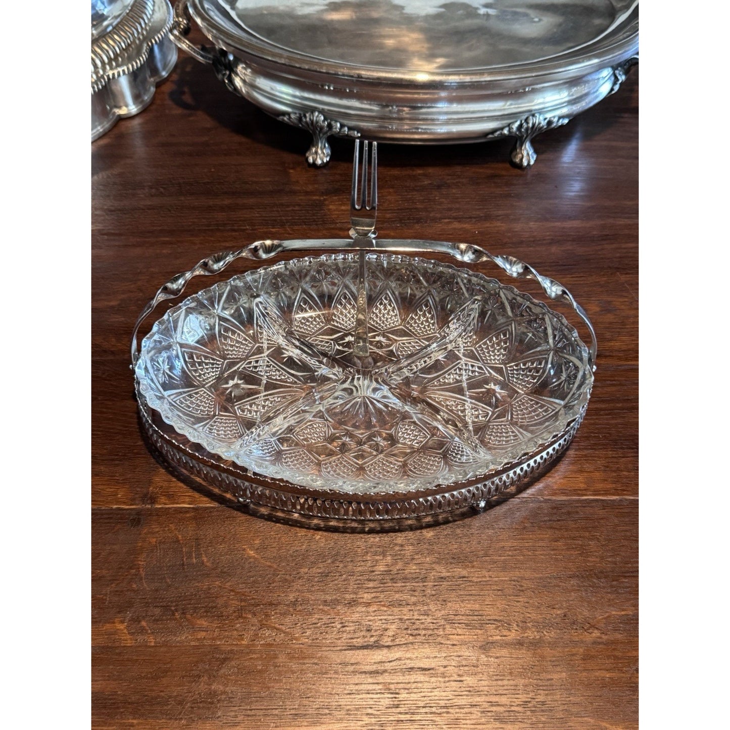 Vintage Silverplate Relish Tray Cut Glass Divided Dish Pickle Castor w Forks