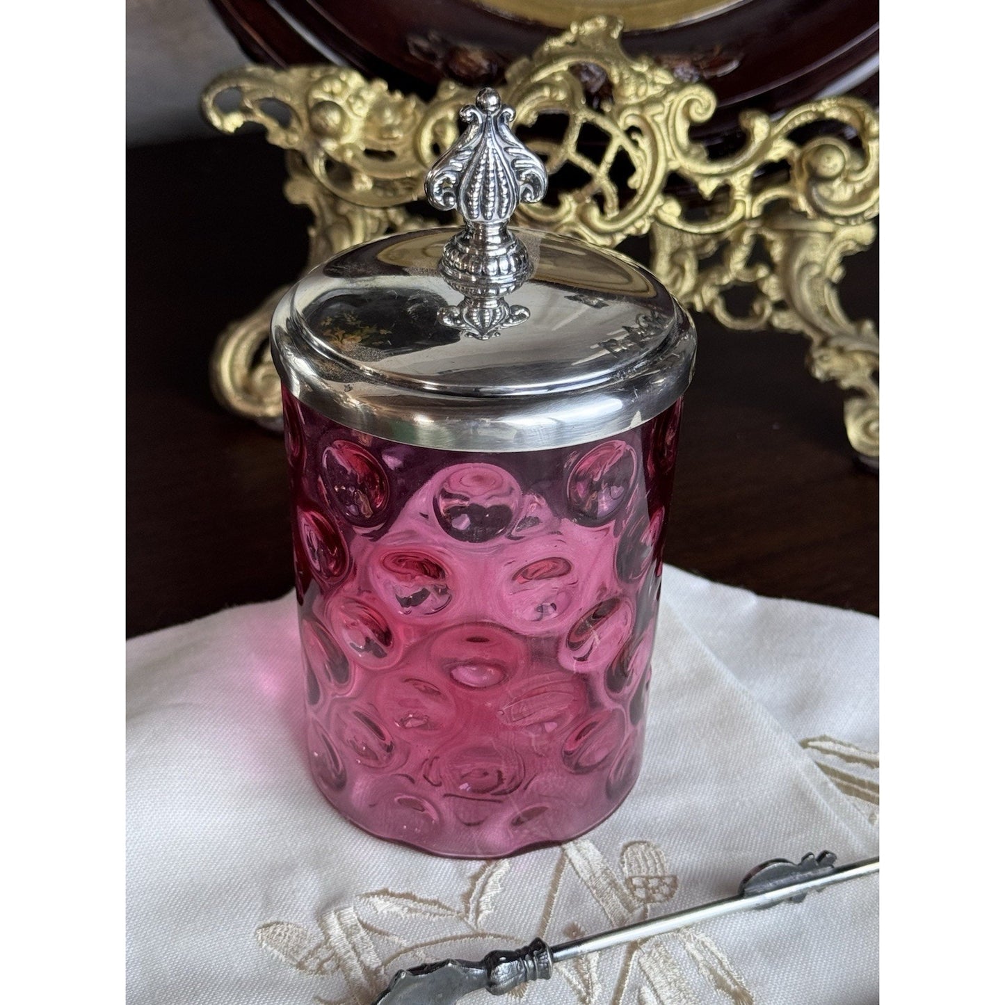 Antique Pickle Castor Cranberry Thumbprint Glass Silverplate Lid Tongs Jar Chips on Rim!!!