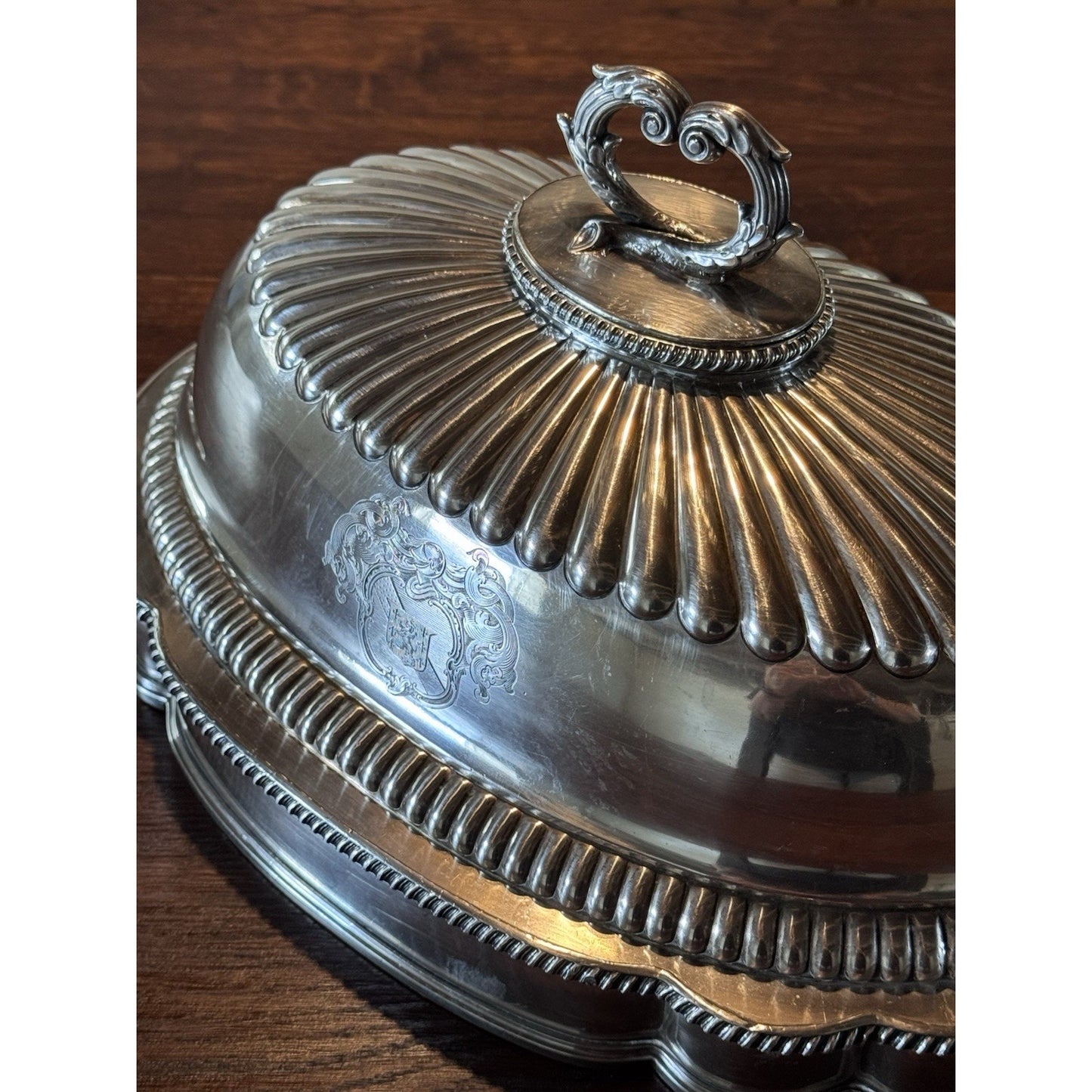 Antique Sheffield Silver Plate Food Dome with Heraldic Engraving