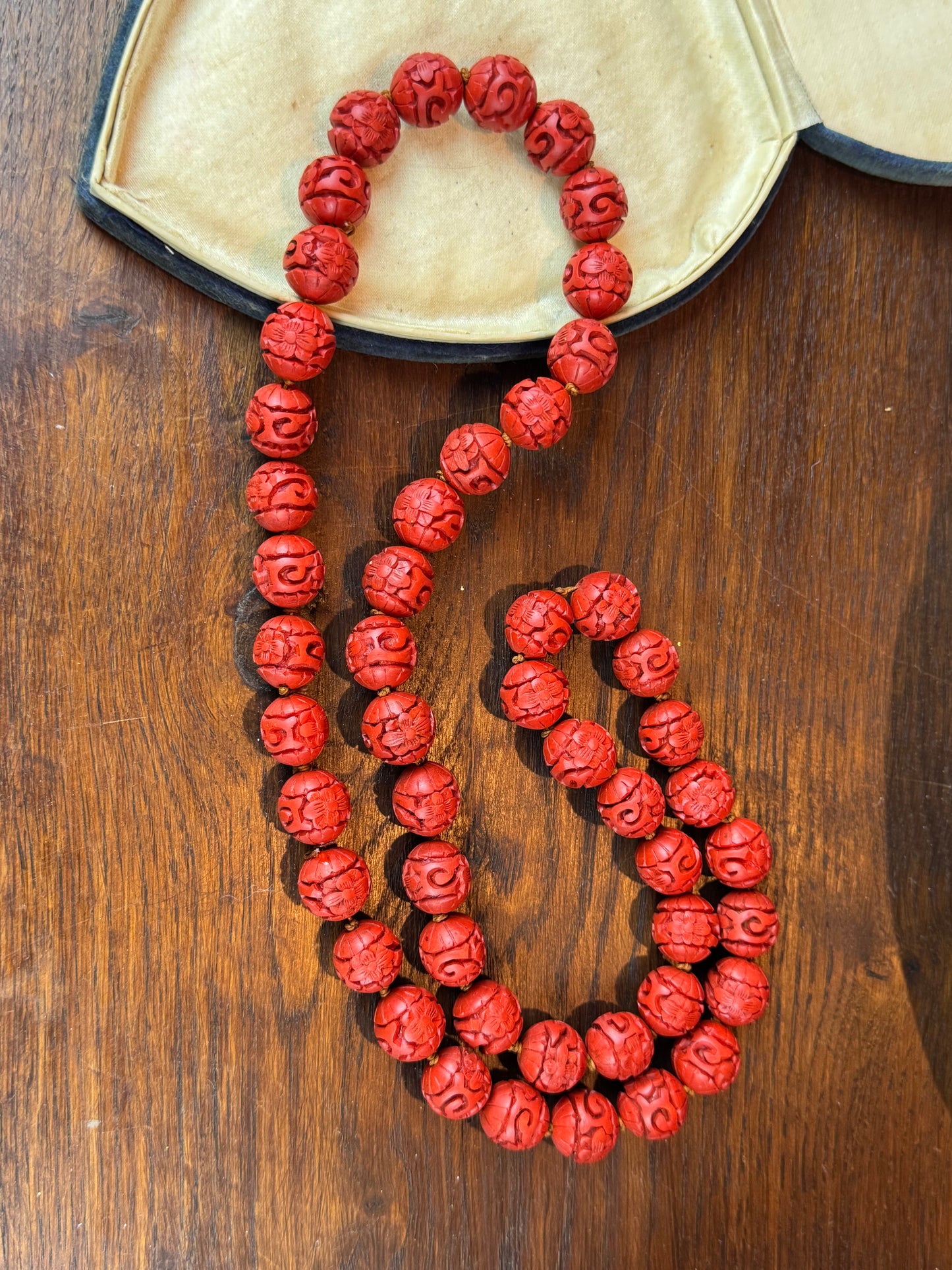 Vintage Cinnabar Necklace Carved Knotted Beads Chinese Style Long 30”