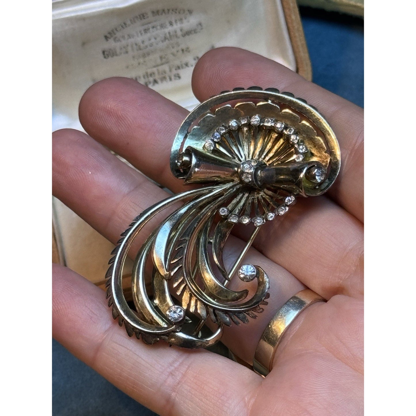 R De Rosa Sterling Vermeil Fur Clip Rhinestone Floral Scroll Design Vintage