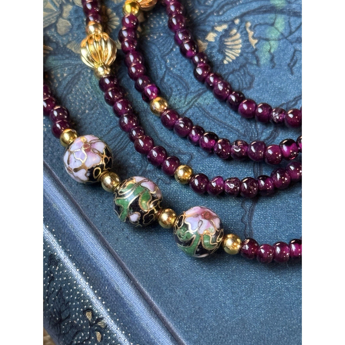 Garnet Double Strand Necklace 19” Floral Cloisonné Goldtone Beads Newly Restrung