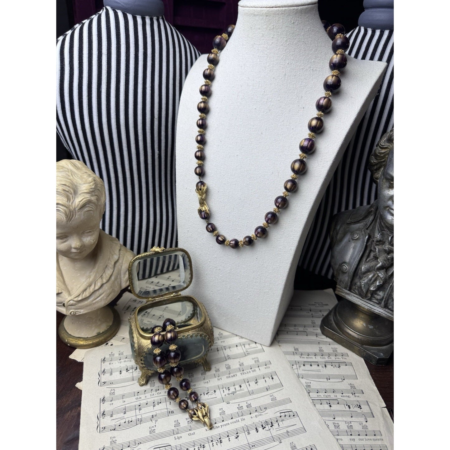 Vintage Crown Trifari Aubergine Beaded Necklace Bracelet Set Goldtone 27”
