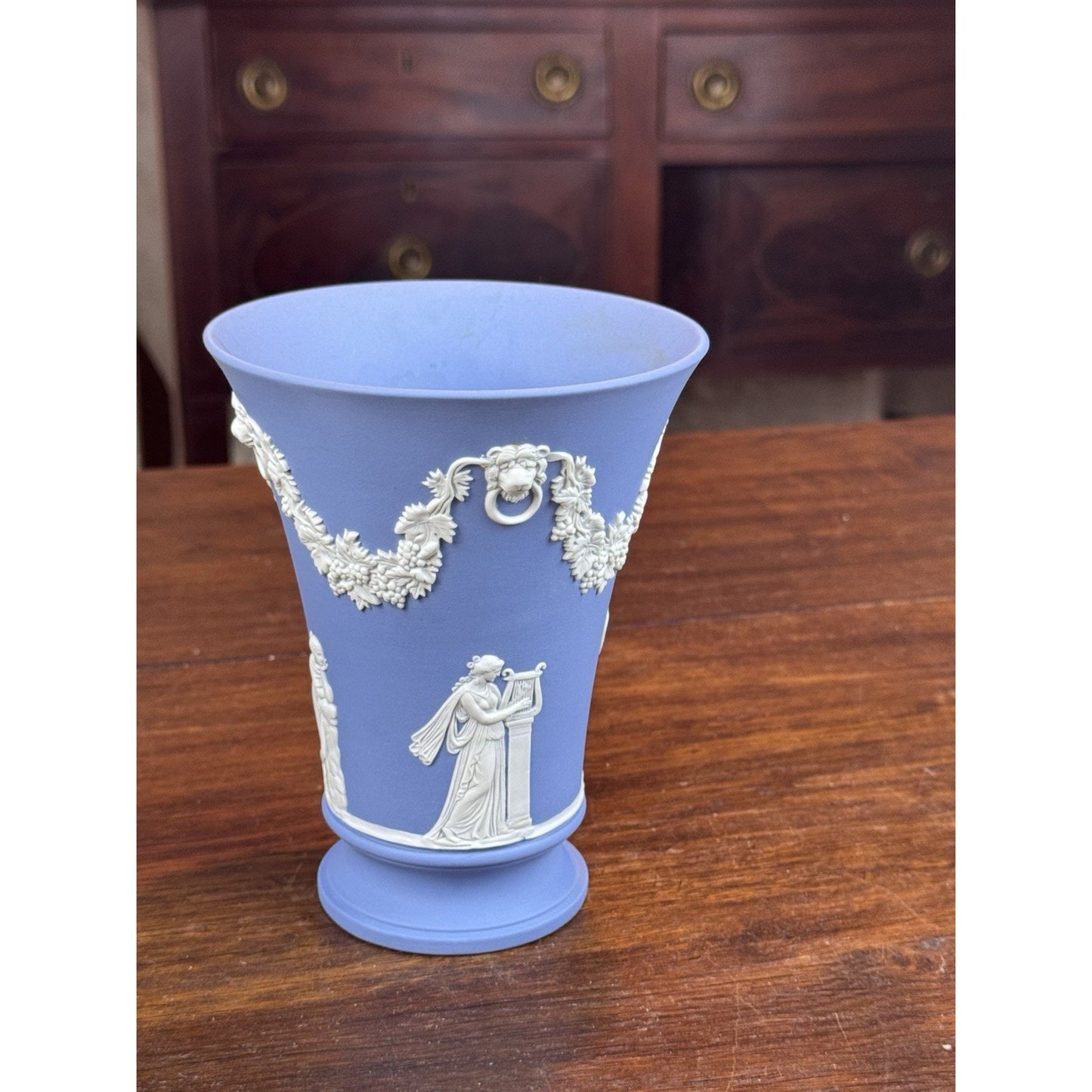 Vintage Wedgwood Jasperware Vase Blue White Classical Figures Grapevine 6” READ!