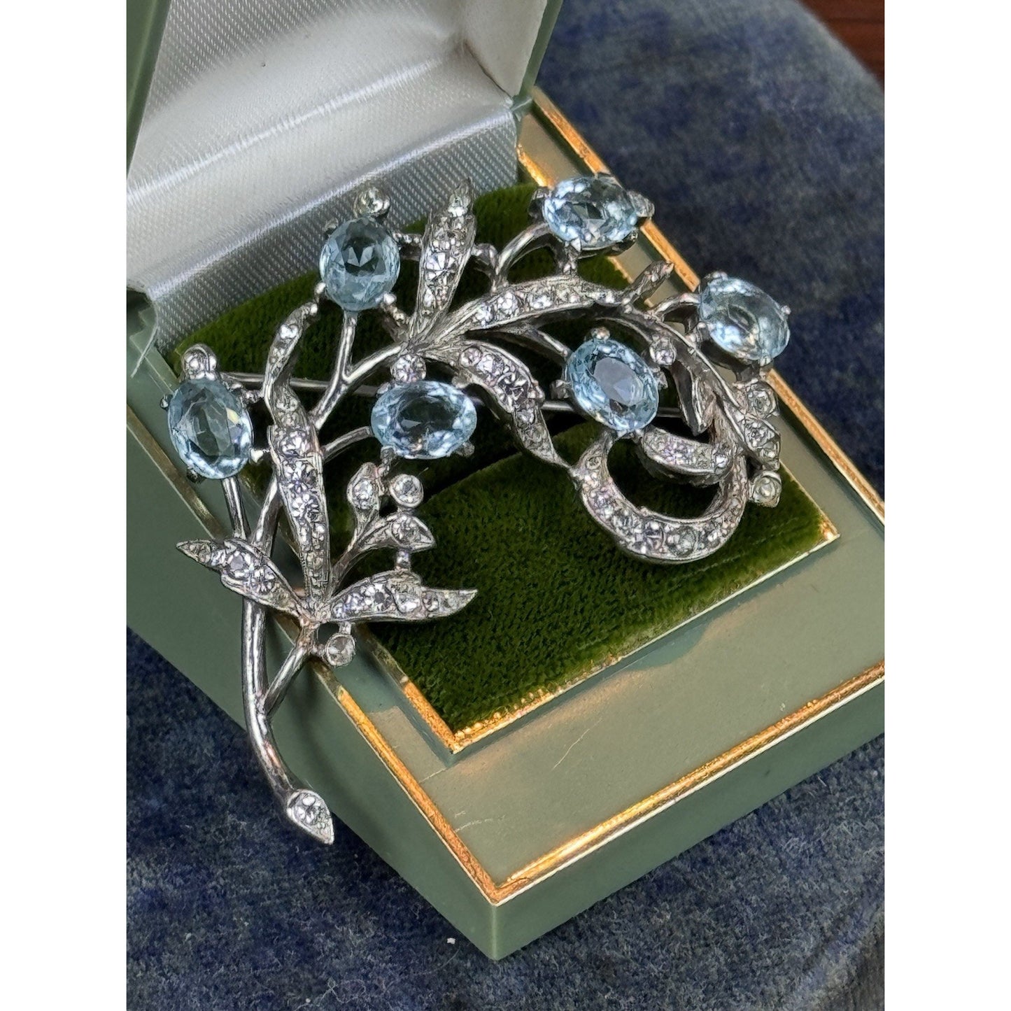 Vintage Trifari Sterling Brooch Aqua Blue Clear Rhinestone Floral Spray 2”