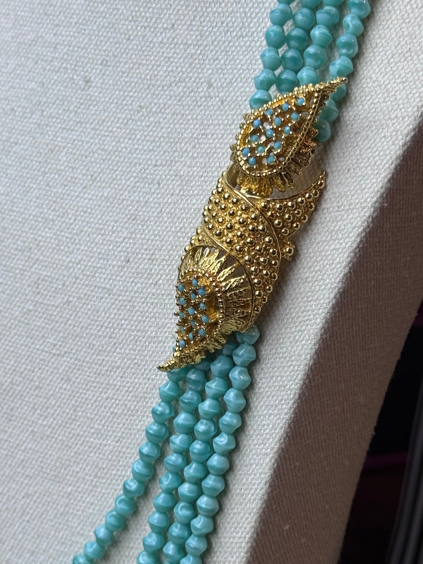 Vintage SIGNED Judith McCann Turquoise Color Glass Bead Necklace 4 Strand Goldtone Clasp 26”