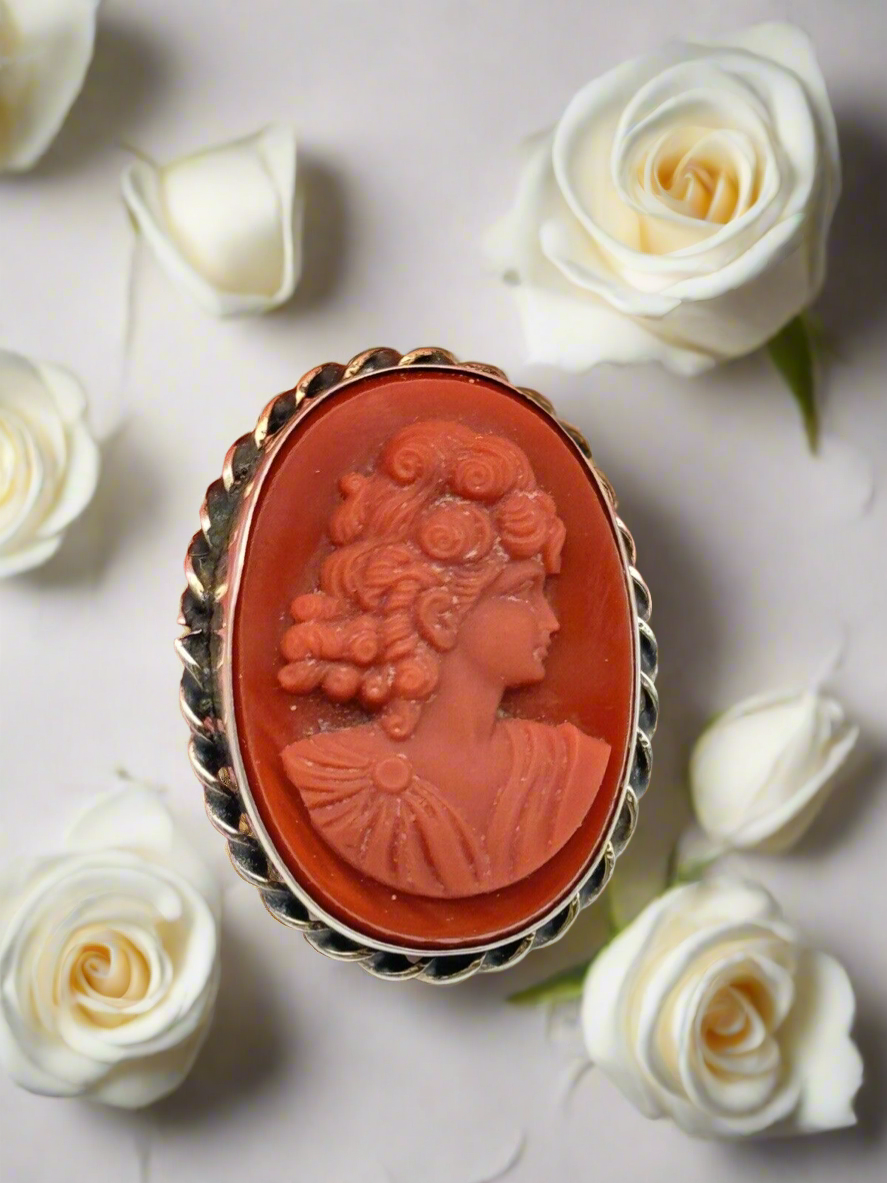 Vintage Carnelian Style Sterling Silver Cameo Brooch Roped Frame ESTATE FIND