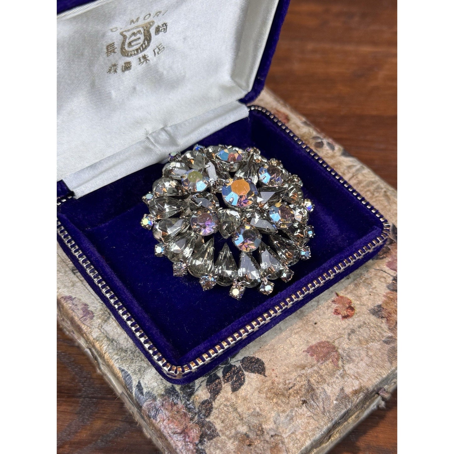 Vintage Smoky Gray AB Rhinestone Statement Brooch 2” Layered Floral Cluster