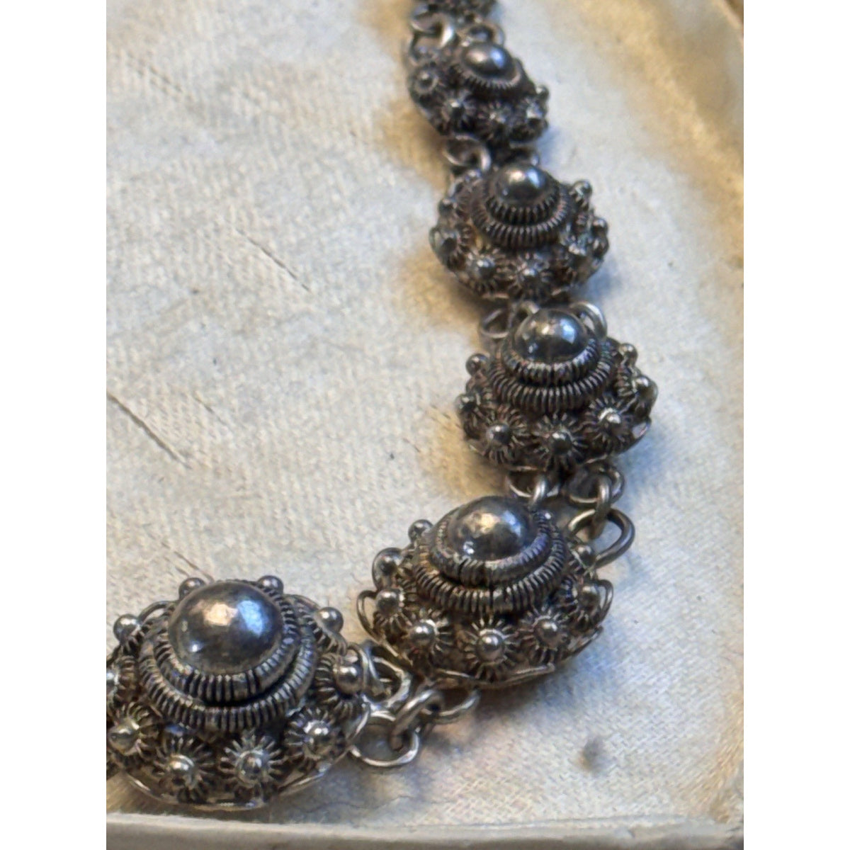 Dutch Button Necklace 835 Silver Filigree Graduated Floral Links Vintage 17.5”