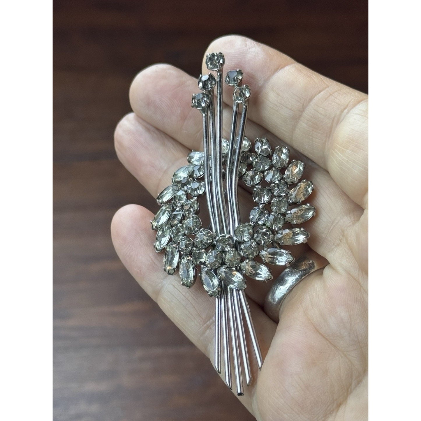 Vintage Brooch Pendant Clear Rhinestone Comet Silvertone 3.25” x 1.5”