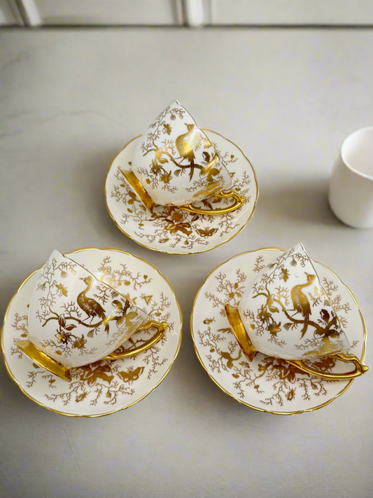 3 Cups & Saucers English Coalport “Cairo”Gold Birds Vintage Bone China READ‼️
