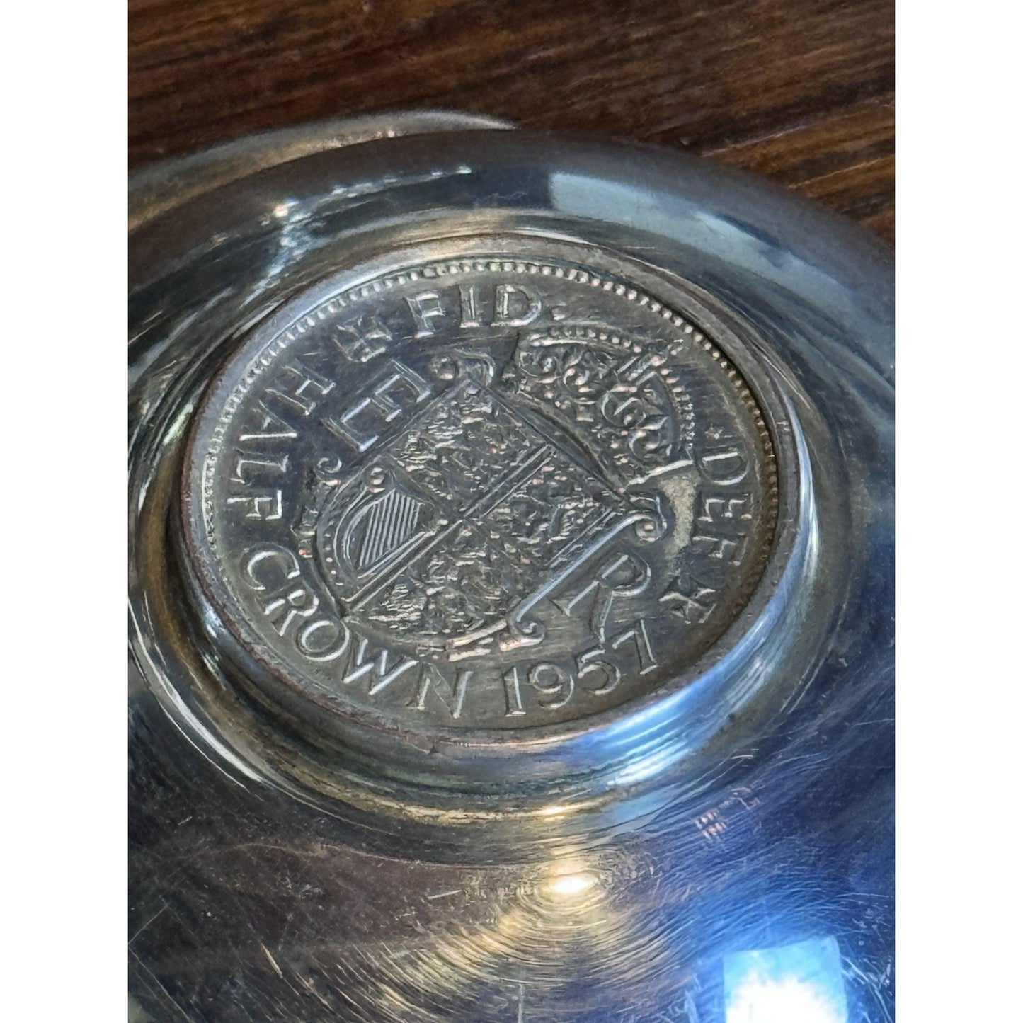 English Silverplate Wine Taster Tastevin 1957 Half Crown Coin Queen Elizabeth II