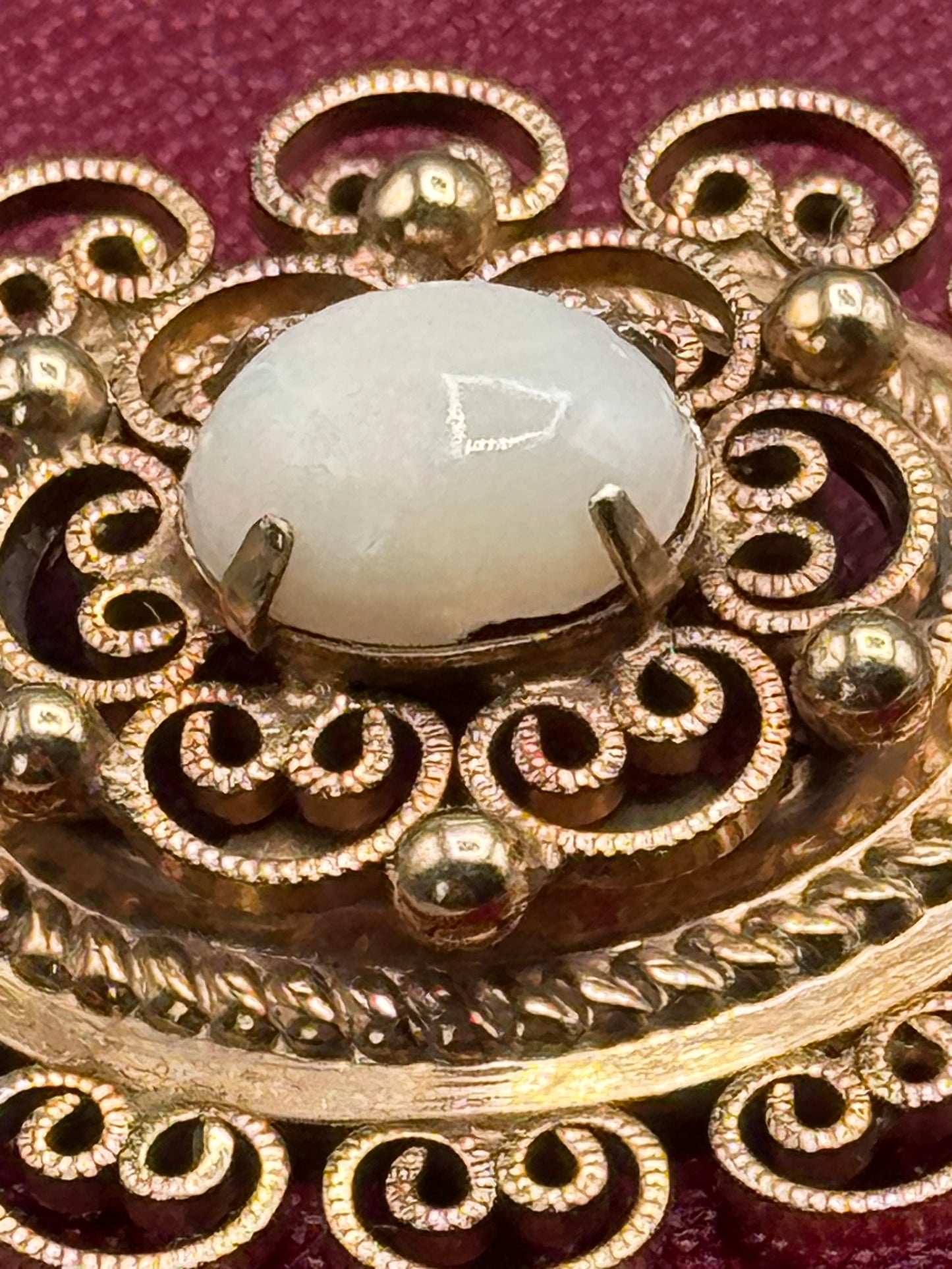 Vintage Winard 12K GF Etruscan Revival Brooch White Cabochon Filigree Pin