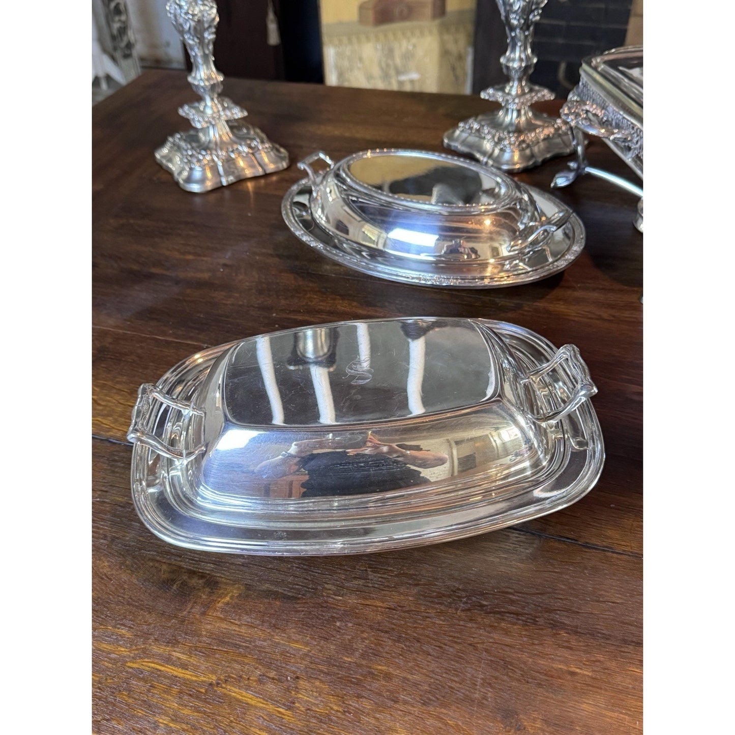 Silverplate on Copper Covered Serving Dish – Excelsior – Monogram “S”
