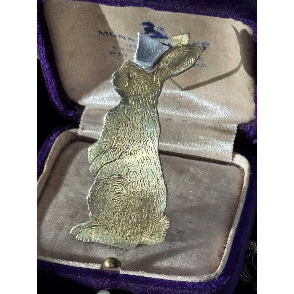 Brass Brooch Bunny Rabbit Silvertone Crown Signed Dated 1978