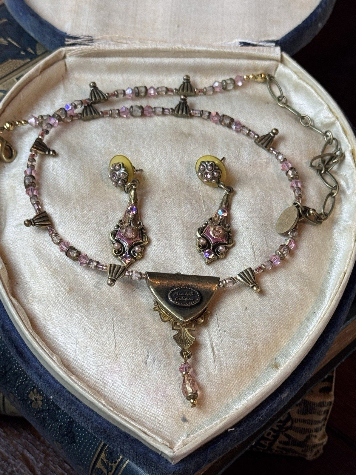Michal Golan Necklace Earring Set Pink Rhinestone Beaded Goldtone Vintage 19”