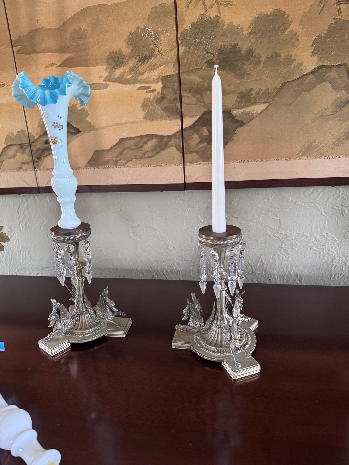 Antique Griffin Glass Epergne Vases Candlesticks Crystal Prisms Pair 18” RARE PAIR!!!