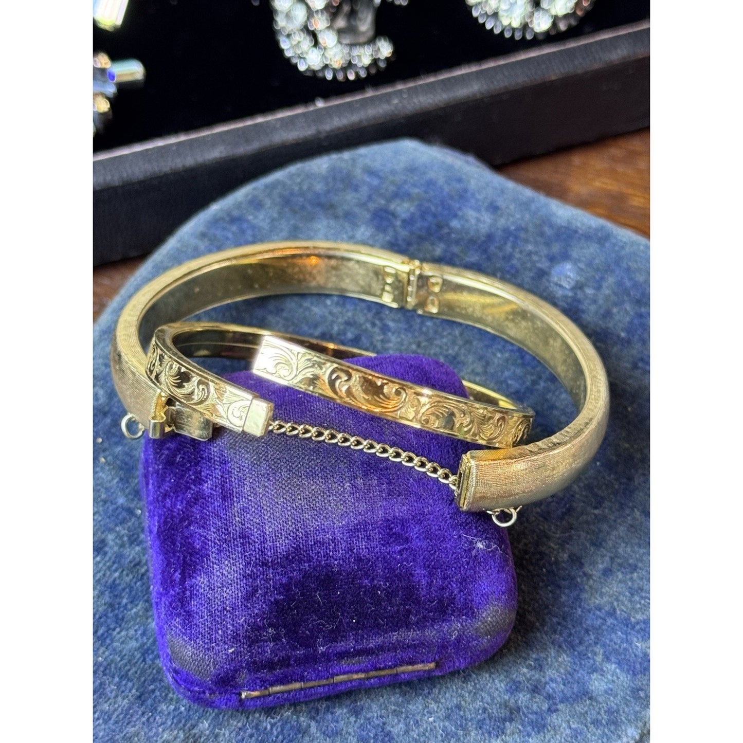 Goldtone Bangle Bracelets LOT of 2 Textured Etched Antique Style VINTAGE